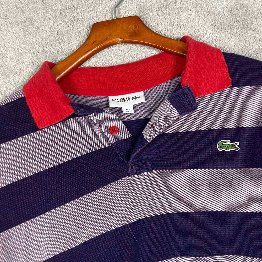 Lacoste Sport Polo Shirt Mens Large Purple Striped Red Collar Short Sleeve Logo